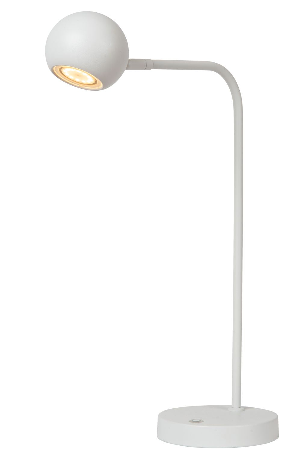 Vue d'ensemble de la lampe blanche avec tête ronde orientable et base plate.