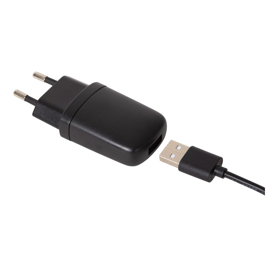 Chargeur secteur noir avec câble USB, fiche européenne et connecteur USB mâle.