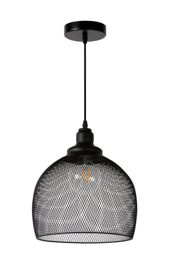 Vue de face du luminaire mesh noir éteint sur fond blanc neutre