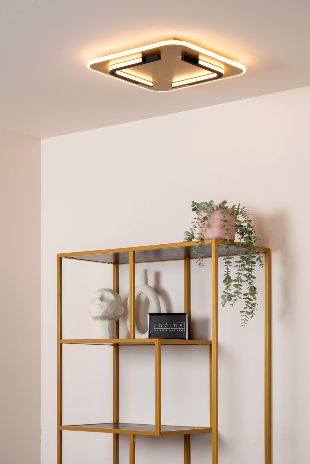 Photo d'ambiance montrant le plafonnier allumé au plafond d'un intérieur clair