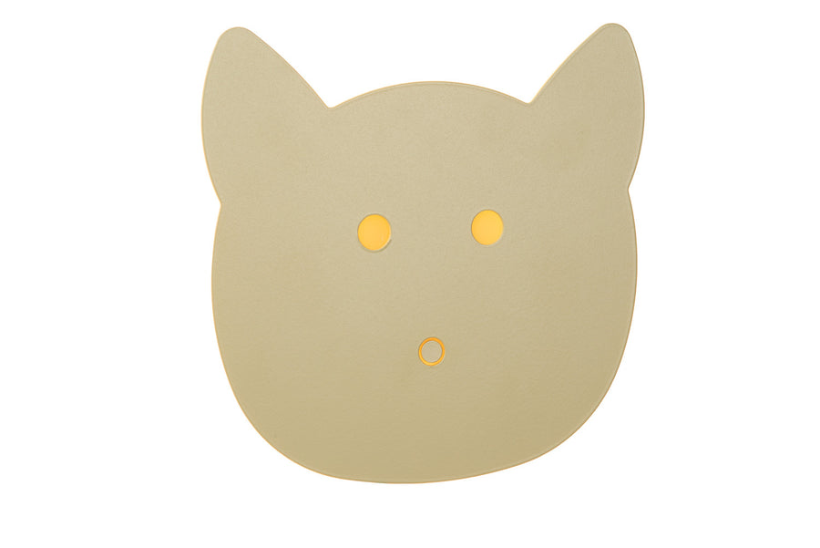 Produit allumé sur fond blanc, tête féline beige, yeux et bouche jaunes lumineux.