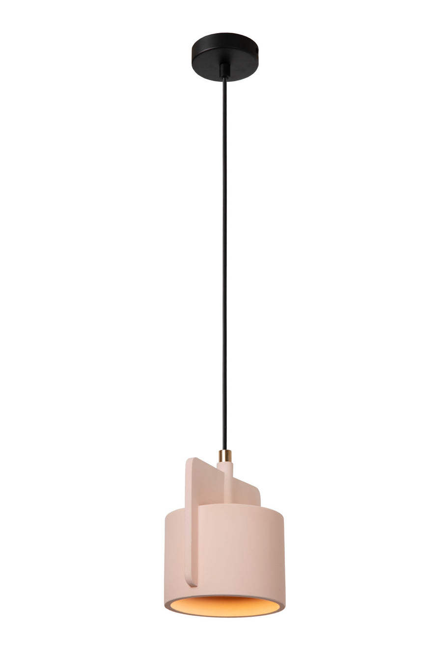 Vue de face du luminaire suspendu, mettant en valeur la forme cylindrique et la finition béton.