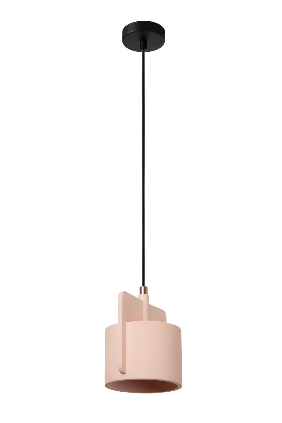 Vue de face du luminaire suspendu avec câble noir et abat-jour rose en béton.