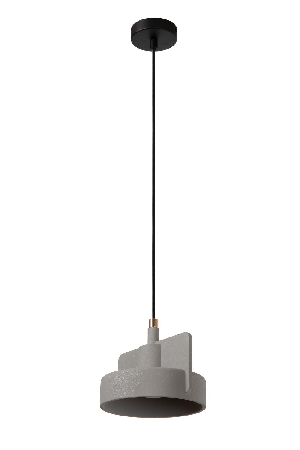 Vue de trois quarts du luminaire éteint, finition béton gris texturé