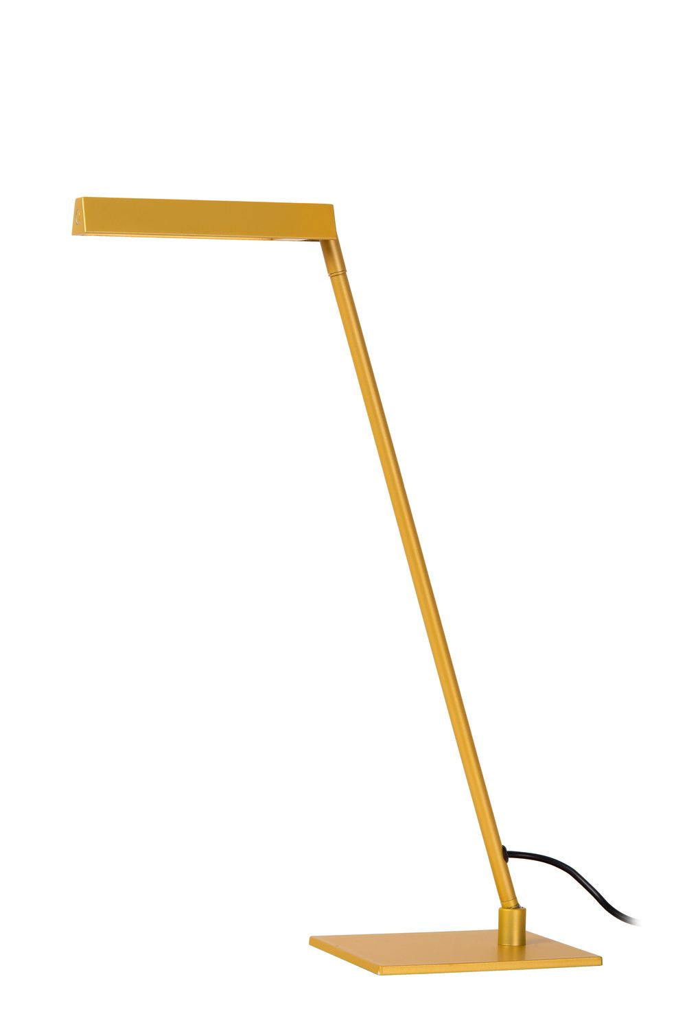 Silhouette entière du luminaire doré, tige fine, câble noir au socle