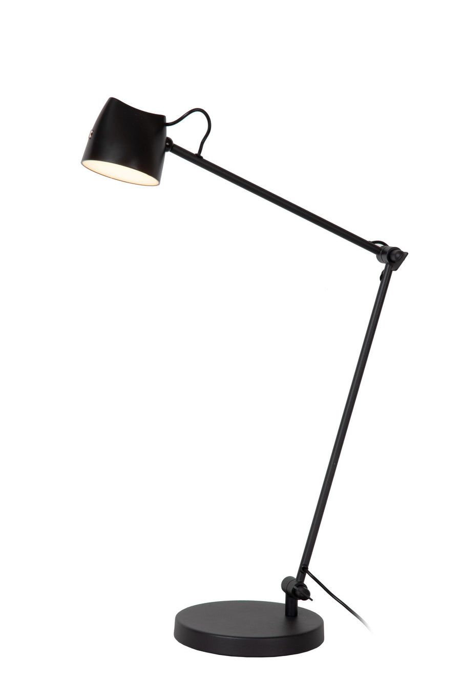 Produit sur fond blanc, lampe noire articulée au bras plié, abat-jour allumé