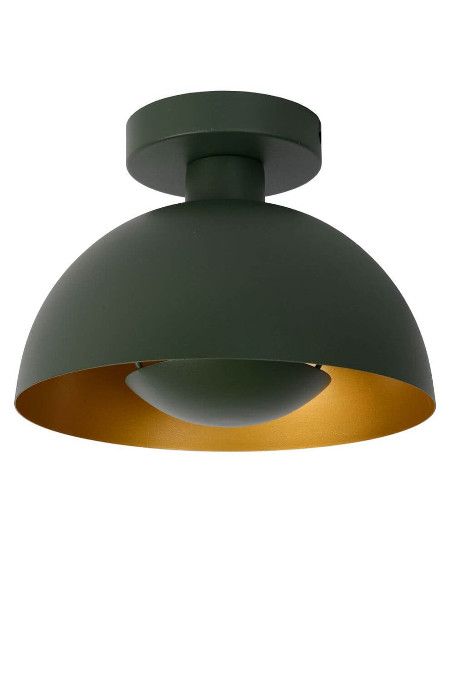 Luminaire vert mat vu de près, coupole et diffuseur central en métal doré.