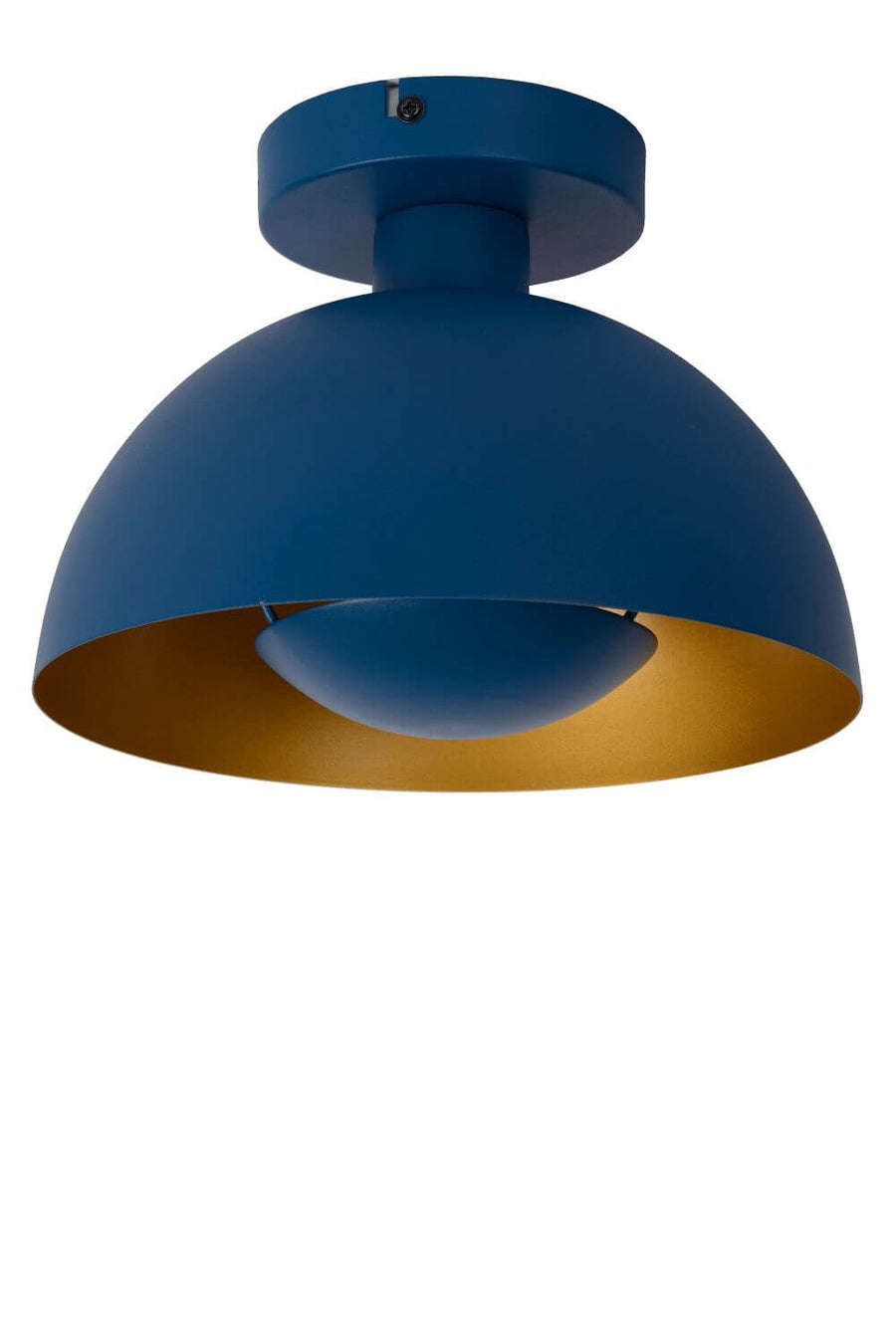Détail du dessous du luminaire bleu, abat-jour interne et douille visible