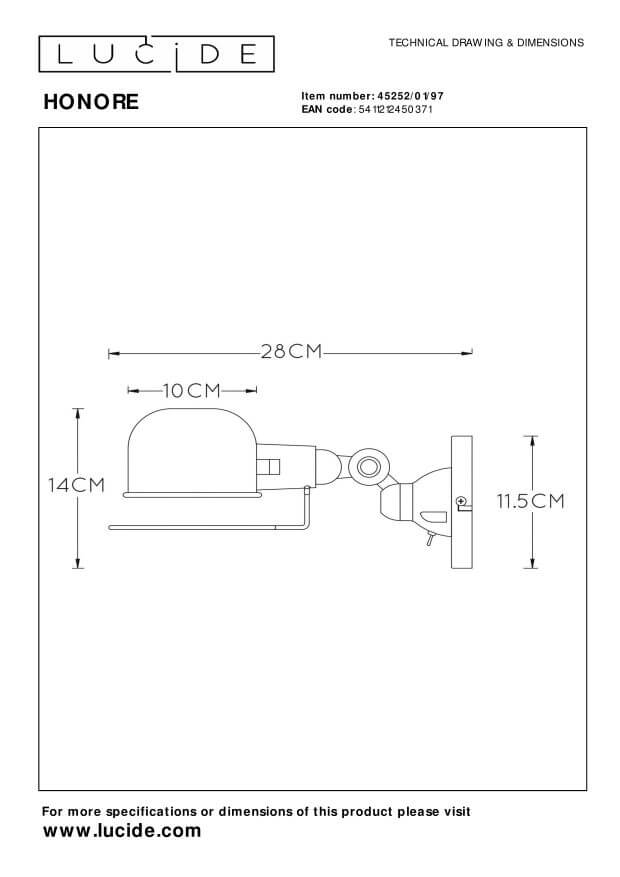 Schéma technique avec dimensions : longueur 28 cm, hauteur 14 cm, platine 11,5 cm.