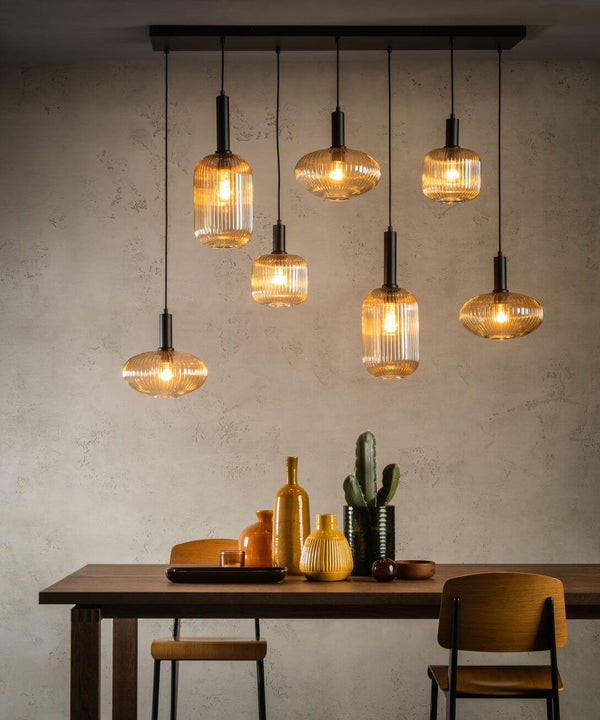 Suspension Maloto 7 lumières ambrée et noire, verre