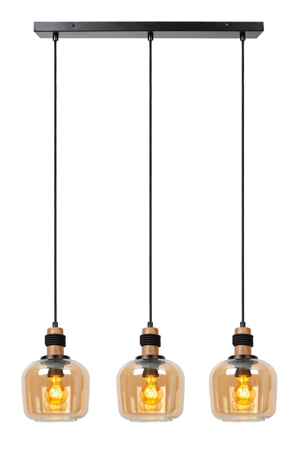 Suspension Ilona 3 lumières ambrée et noire, verre