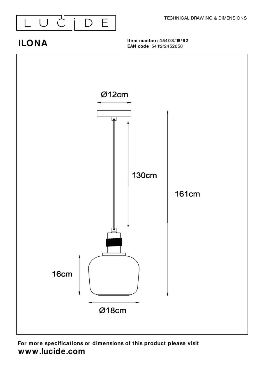 Schéma technique coté du luminaire : hauteur 161 cm, diamètre 12 cm et 18 cm.