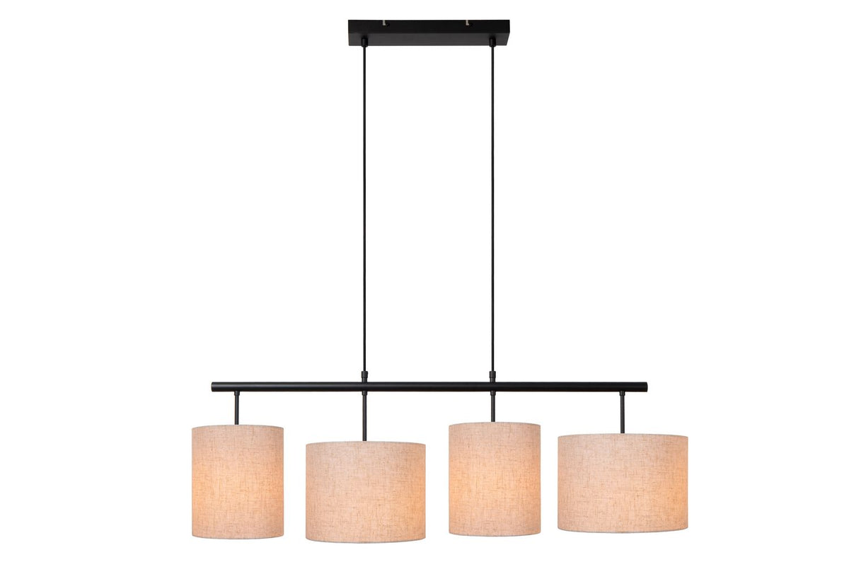 Vue de face du luminaire complet sur fond blanc avec quatre abat-jours beiges.