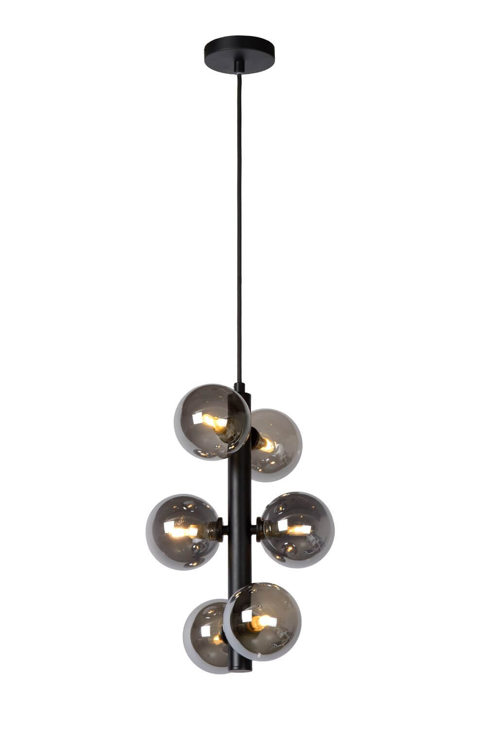 Suspension Tycho 6 lumières noire et fumée, verre