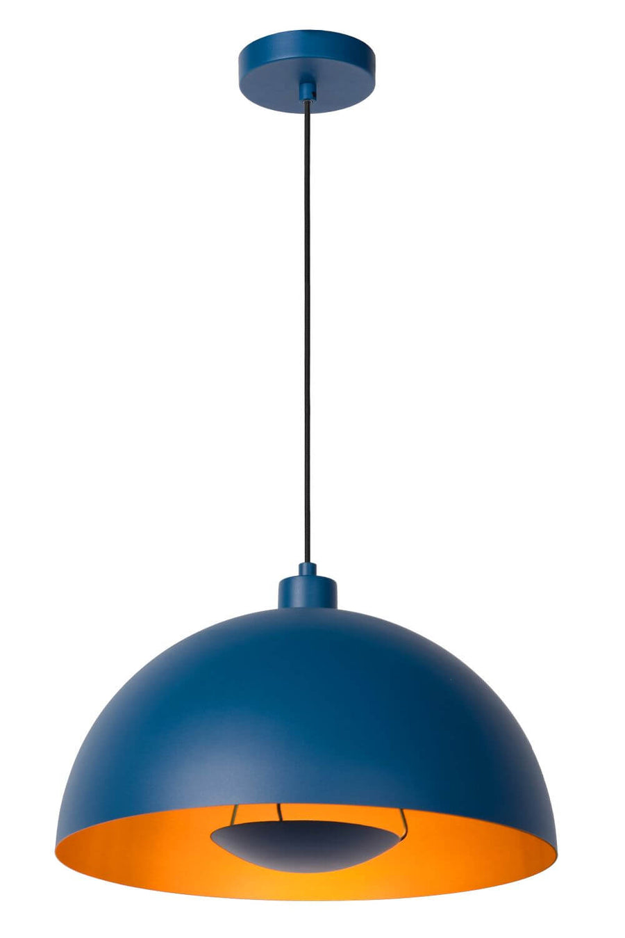 Vue de face du luminaire bleu avec câble noir et rosace de plafond