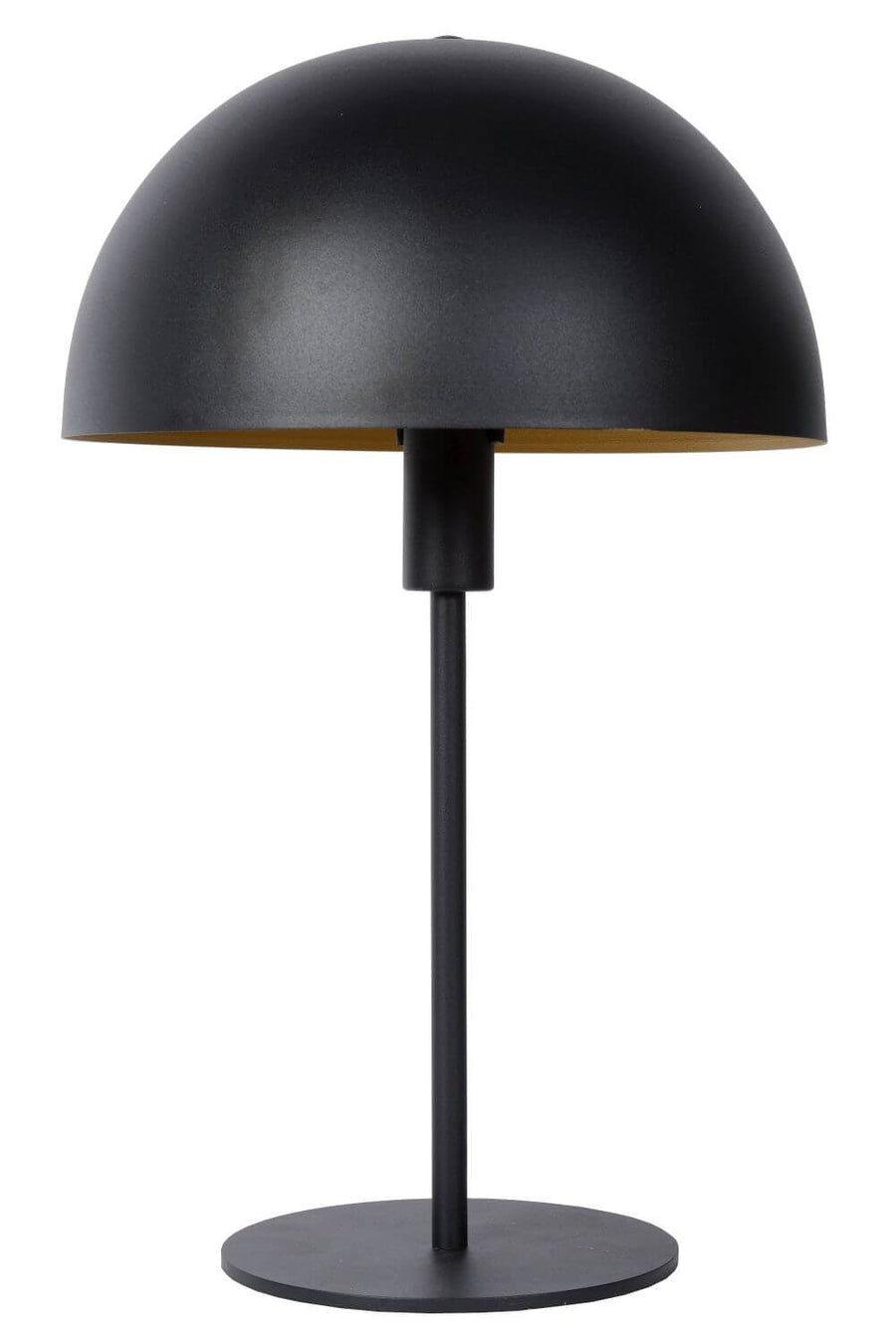 Vue de trois quarts du luminaire noir, base ronde et tige centrale apparente