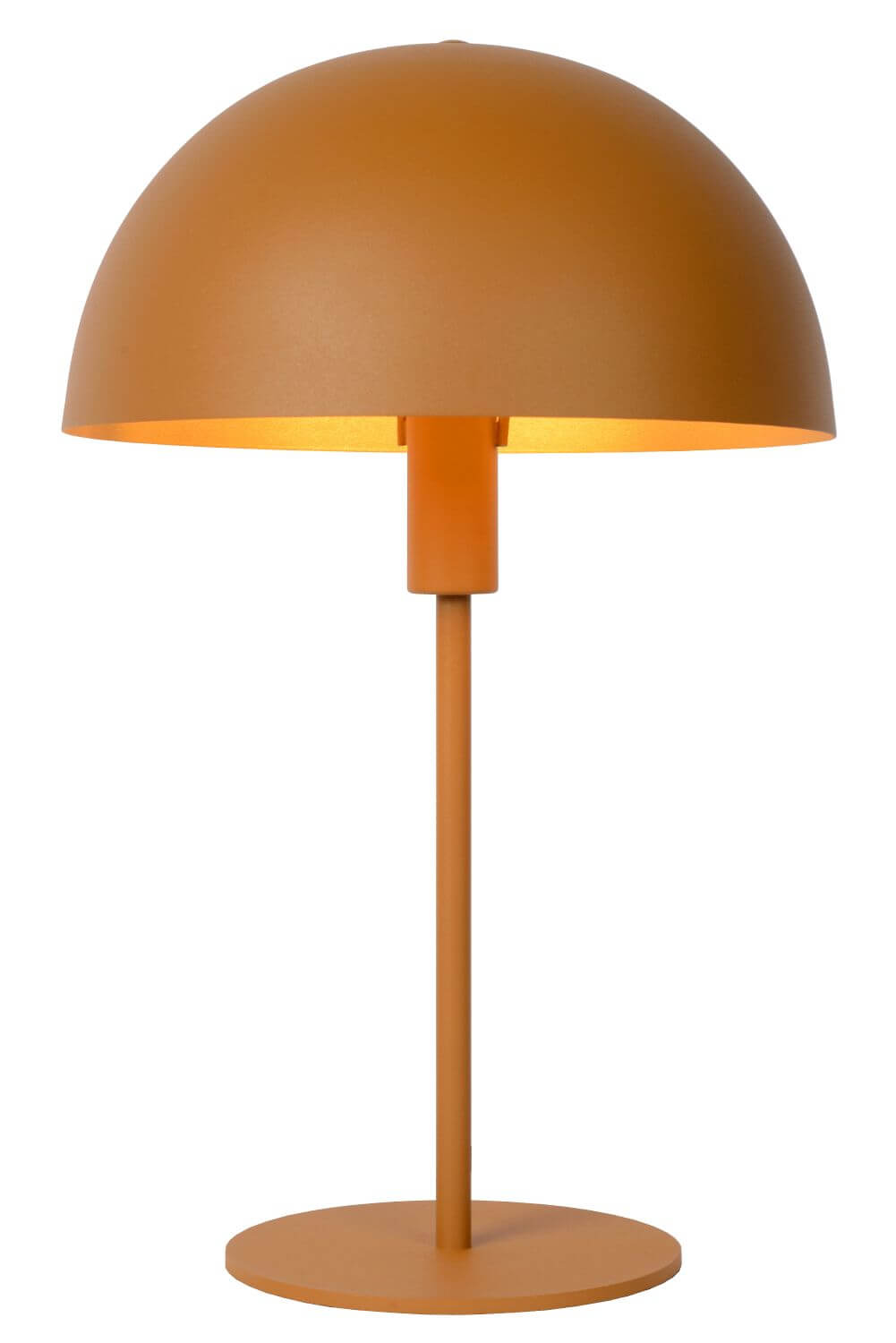 Lampe à poser jaune vue de face sur fond blanc, abat-jour et pied visibles