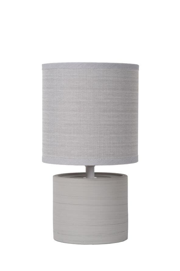 Produit de face, abat-jour en coton gris textile et base cylindrique, fond blanc.