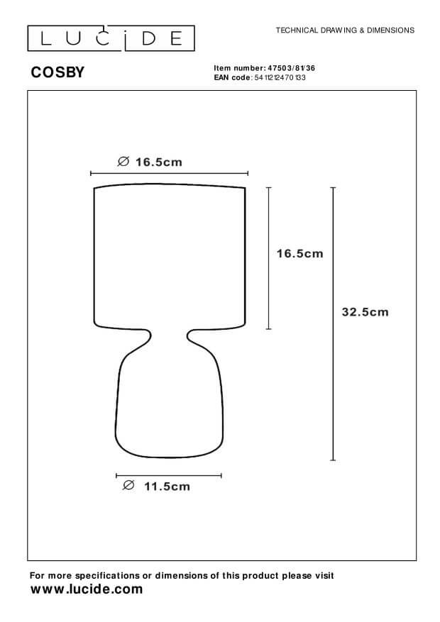 Schéma technique de la lampe avec cotes : hauteur 32,5 cm et diamètre 16,5 cm.