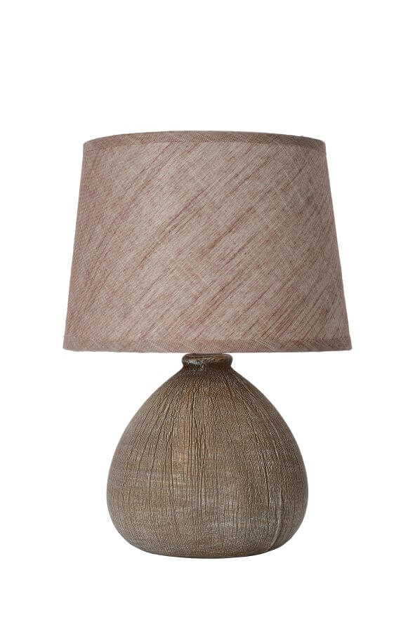 Présentation produit sur fond neutre, abat-jour beige et base ronde en fibres tressées.