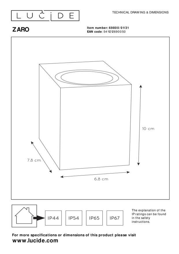 Schéma technique coté du luminaire avec hauteur 10 cm et largeur 6,8 cm.