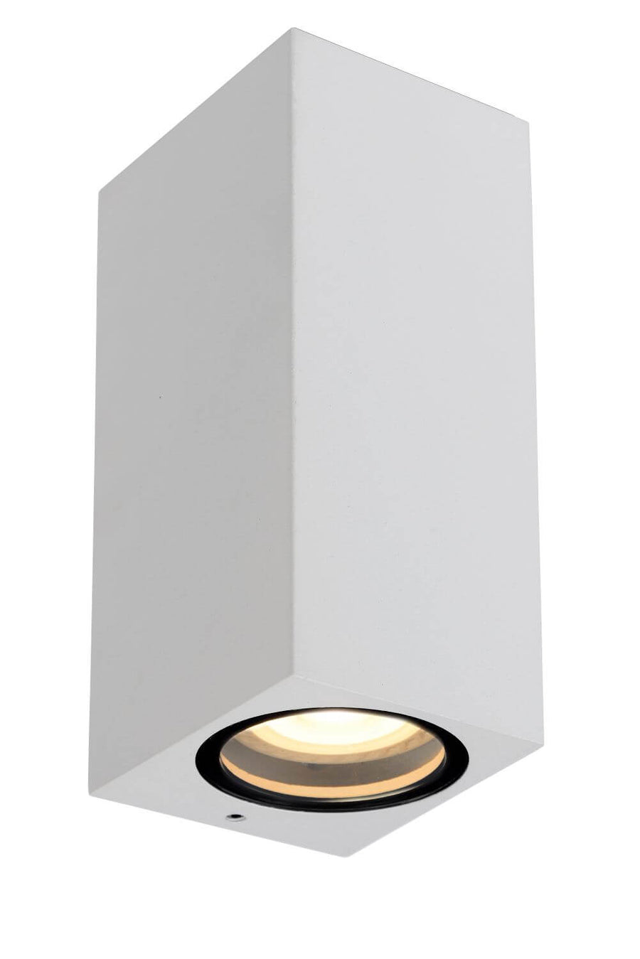 Vue de trois quarts du luminaire blanc avec sortie lumineuse circulaire orientée vers le bas