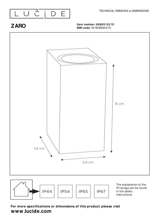Schéma technique côté du luminaire avec hauteur, largeur, profondeur et indice de protection IP44