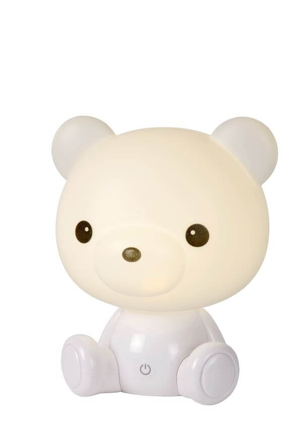 Photo produit de face sur fond blanc, lampe ours allumée avec visage lumineux.