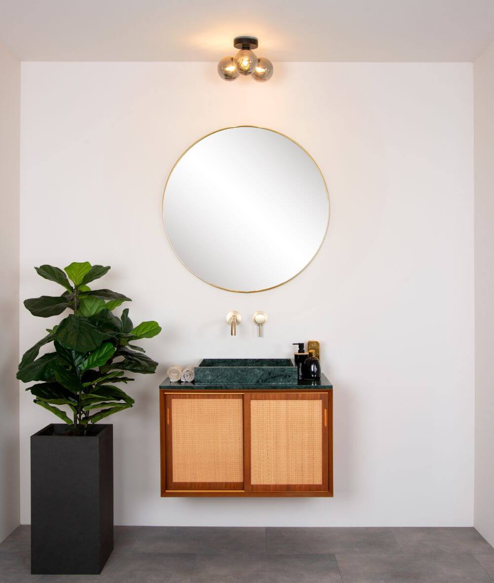 Mise en ambiance du plafonnier noir dans une salle de bain claire avec plante verte.