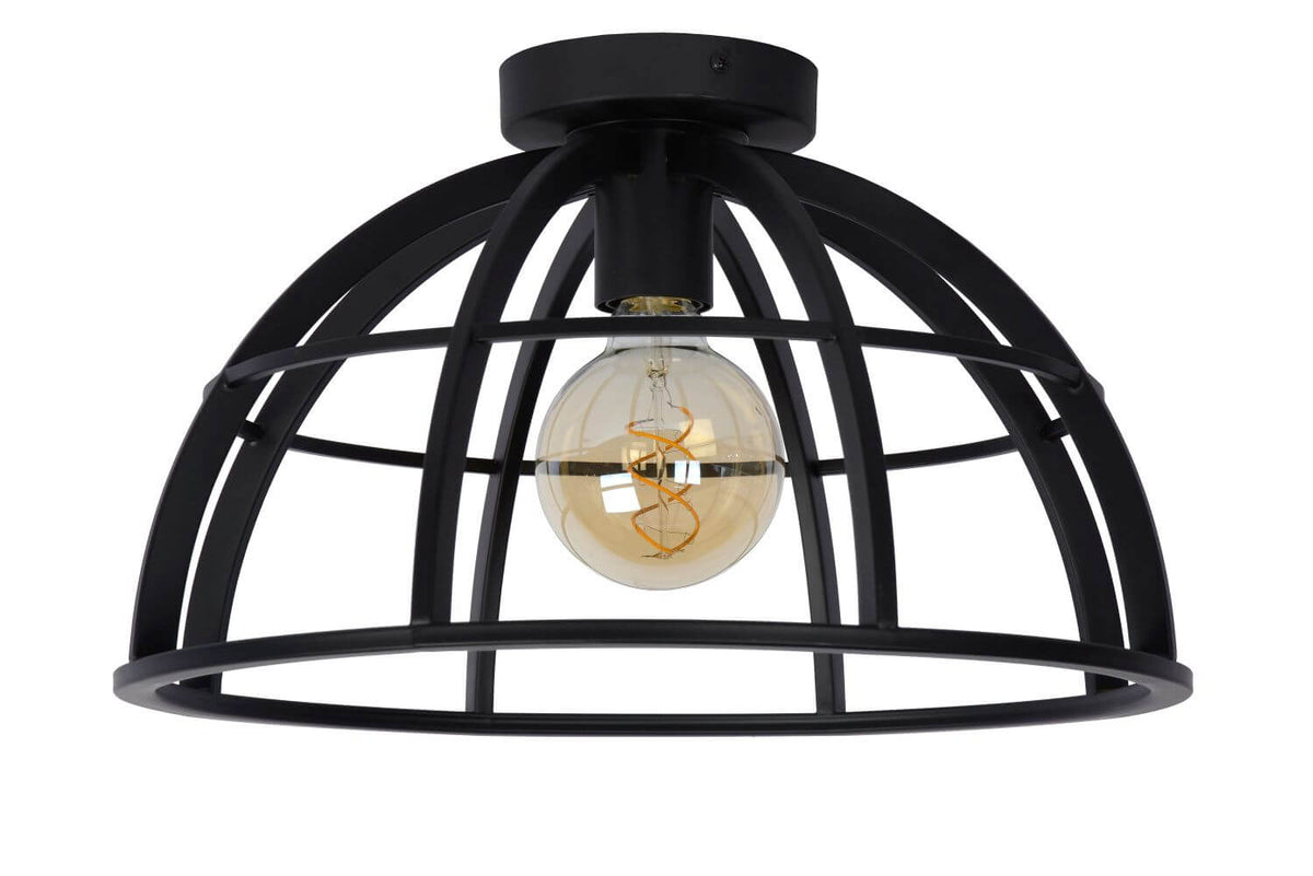 Gros plan sur la cage hémisphérique noire et l'ampoule vintage éclairée