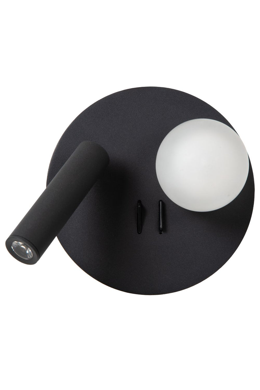 Applique murale noire de face avec sphère blanche et projecteur orientable éteint.