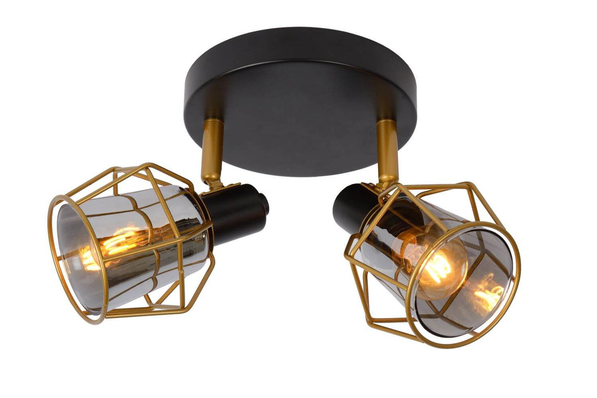 Vue de face du plafonnier deux lumières, cages dorées et verre fumé.