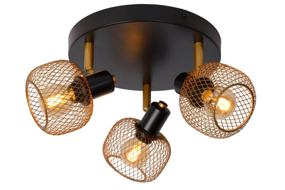 Vue de face sur fond blanc du plafonnier à trois globes grillagés orientables