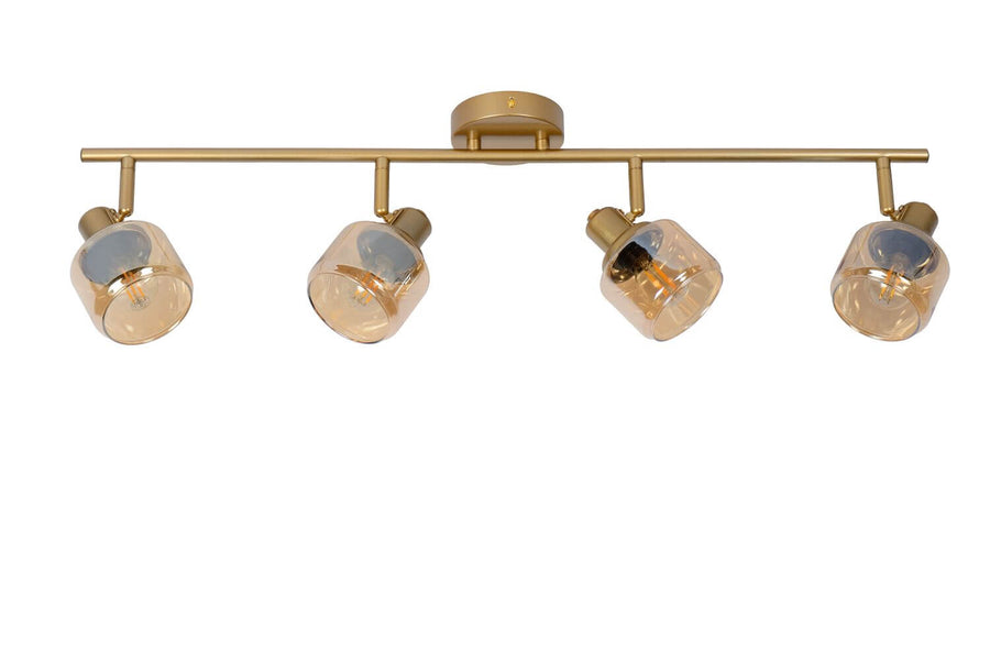 Présentation du luminaire sur fond blanc, mettant en valeur la finition dorée.
