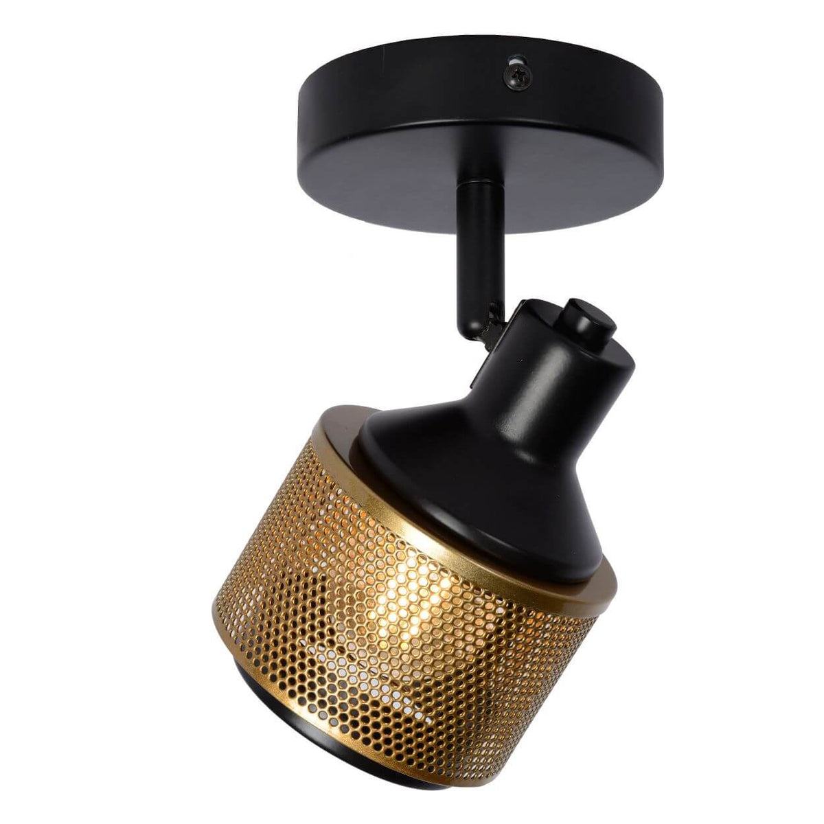 Gros plan sur fond blanc, abat-jour doré perforé et support noir orientable.