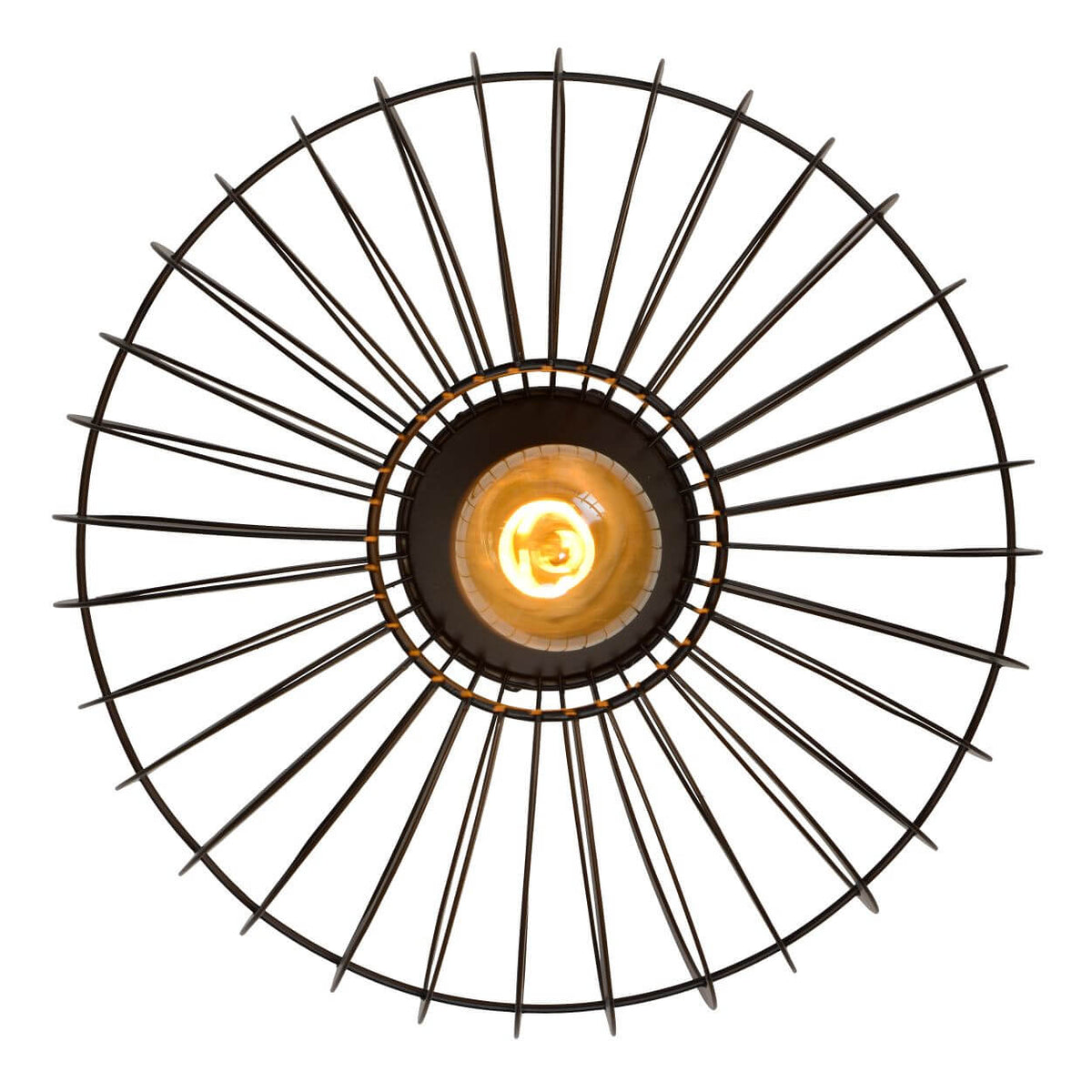 Vue de dessous en forme de roue, rayons métalliques partant du centre lumineux