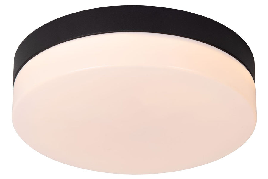 Vue rapprochée du plafonnier rond noir et opale, mettant en valeur le cerclage.