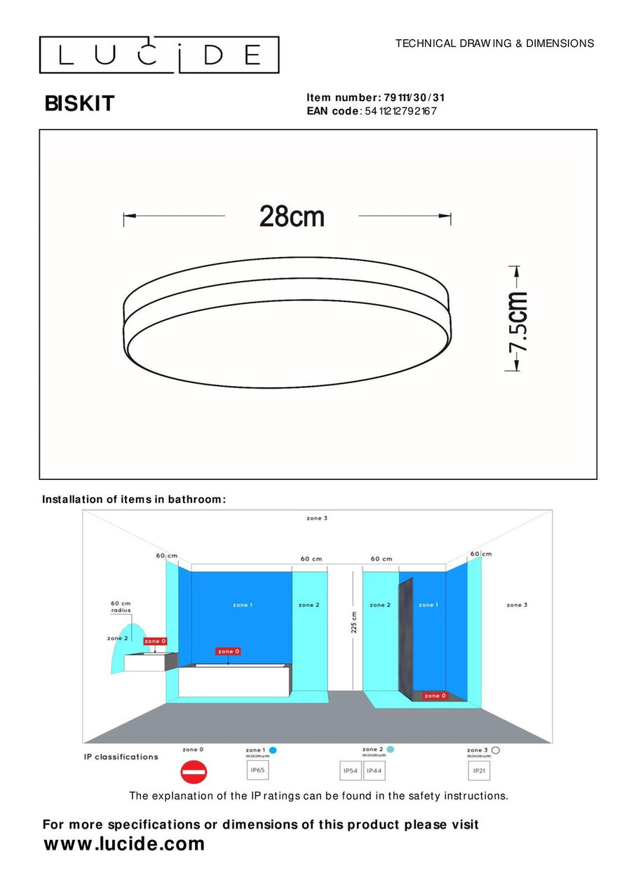 Schéma technique du plafonnier rond avec dimensions et zones d'installation en salle de bain.
