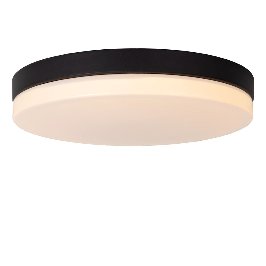 Autre angle du plafonnier circulaire, cerclage noir et verre opale