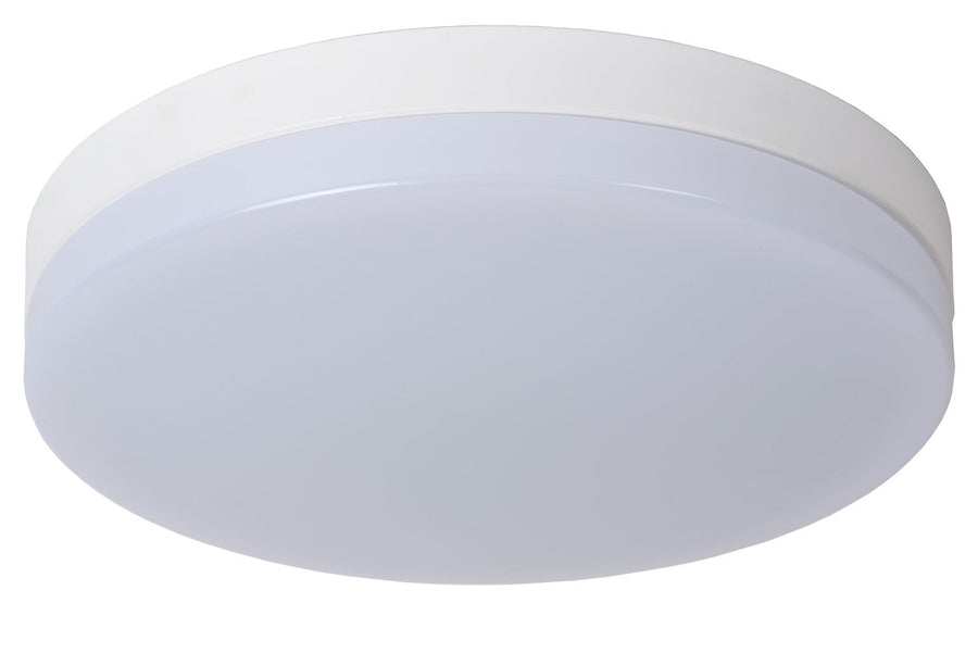 Plafonnier rond blanc éteint, vue de face sur fond blanc