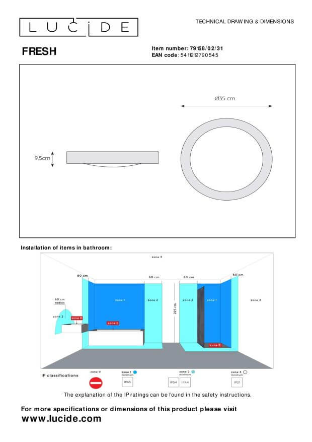 Schéma technique du plafonnier avec dimensions et zones d'installation en salle de bain.