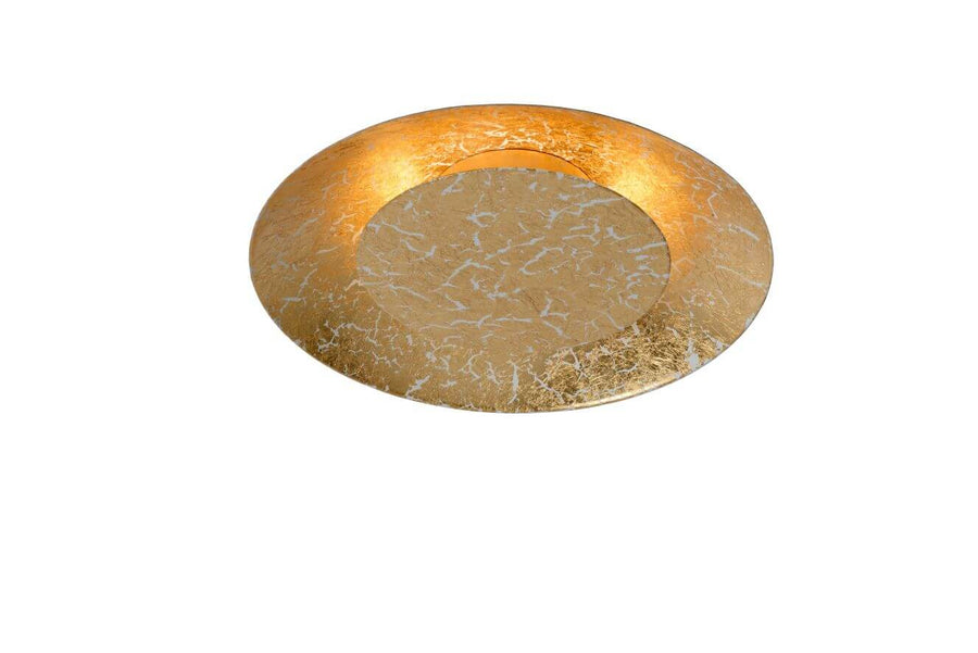 Produit de face sur fond blanc : plafonnier rond à finition dorée et craquelée.