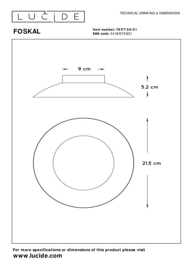 Schéma technique côté du plafonnier : diamètre 21,5 cm, hauteur 5,2 cm et base 9 cm.