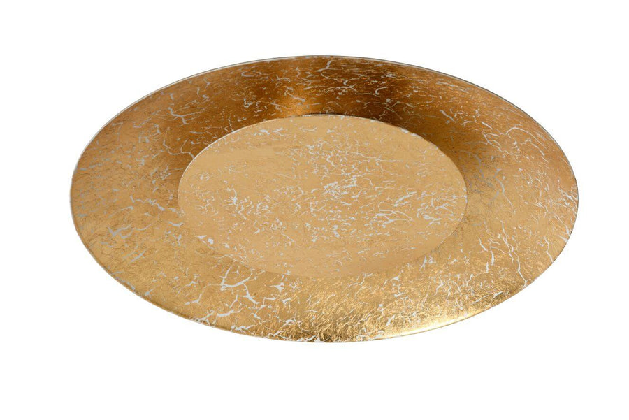 Détail de l'intérieur du plafonnier en feuille d'or aux reflets cuivrés et marbrés.