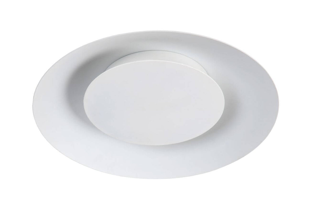 Plafonnier blanc éteint, vue de face, cerclage extérieur et diffuseur central uni.