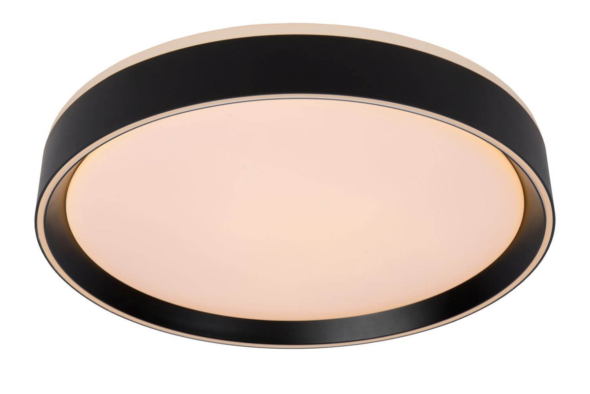 Détail du bandeau noir mat et du liseré doré du luminaire éteint