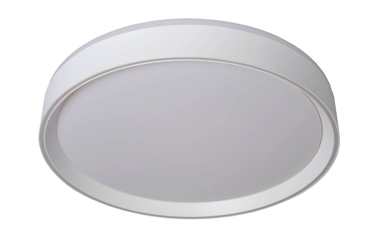 Plafonnier cylindrique blanc éteint, large diffuseur opalin gris vu de dessous