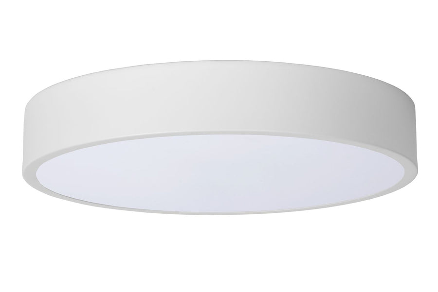 Plafonnier cylindrique blanc vu de biais, diffuseur laiteux faiblement éclairé