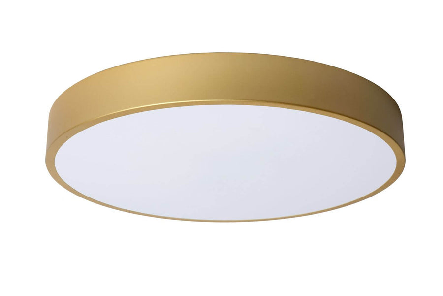 Plafonnier rond doré mat équipé d'un diffuseur opale blanc, autre angle.