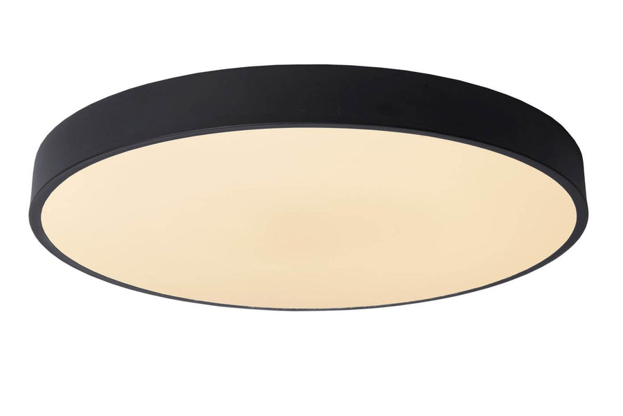 Vue en perspective du plafonnier rond noir avec diffuseur opale allumé.